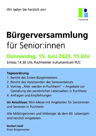 Plakat zur Bürgerversammlung für Seniorinnen und Senioren am 15. Juni 2023 im PUC